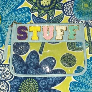 New STUFF Chenille Letter Zipper Pouch For Travel/Make Up/Snacks NWOT Light Blue